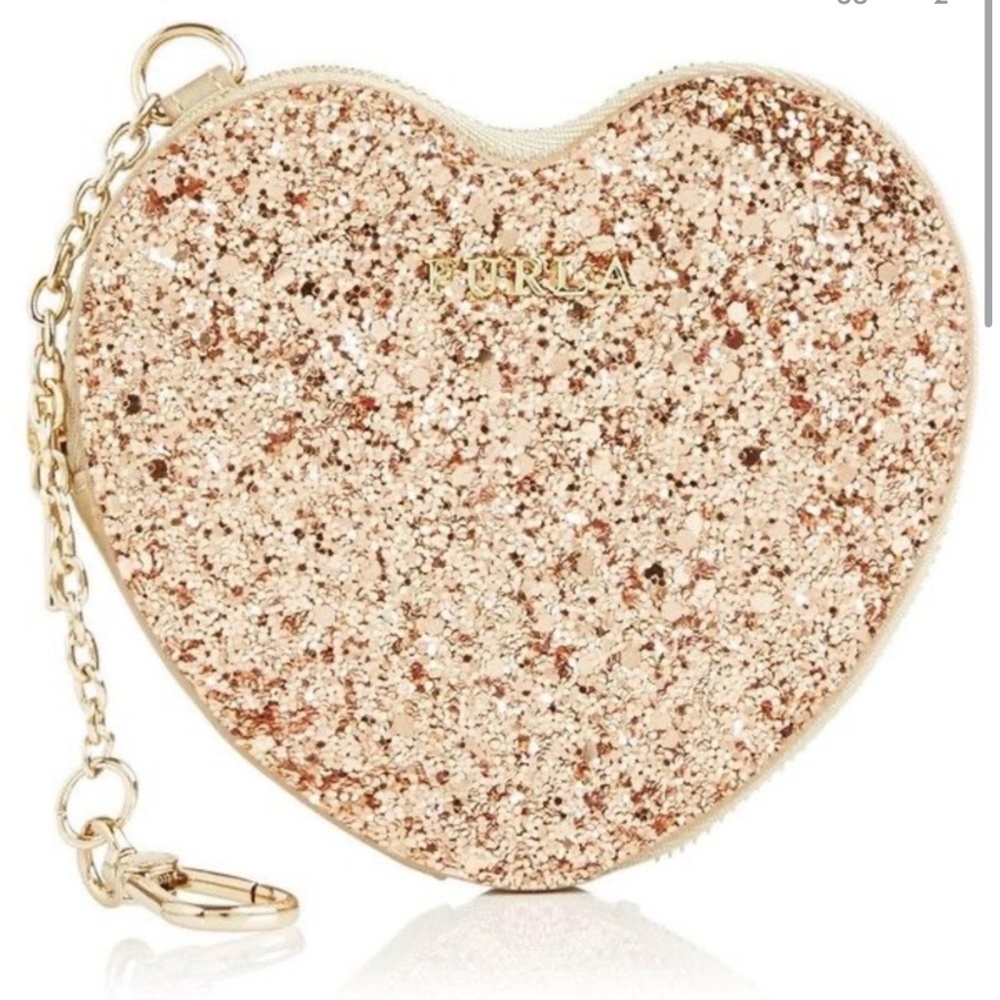 FURLA NWT Gold Glitter Mania Heart Shaped Zipper Coin Purse Pouch